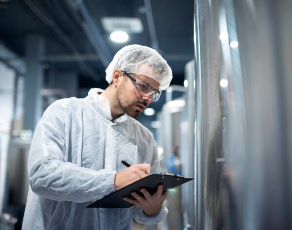 Professional technologist in white protective uniform controlling industrial process at production plant.